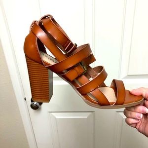 Tan faux leather strapped heels